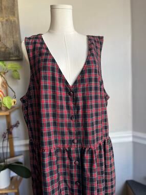 Vintage 90s Plaid Maxi Dress Button Front Sleeveless Red Black Size 2X